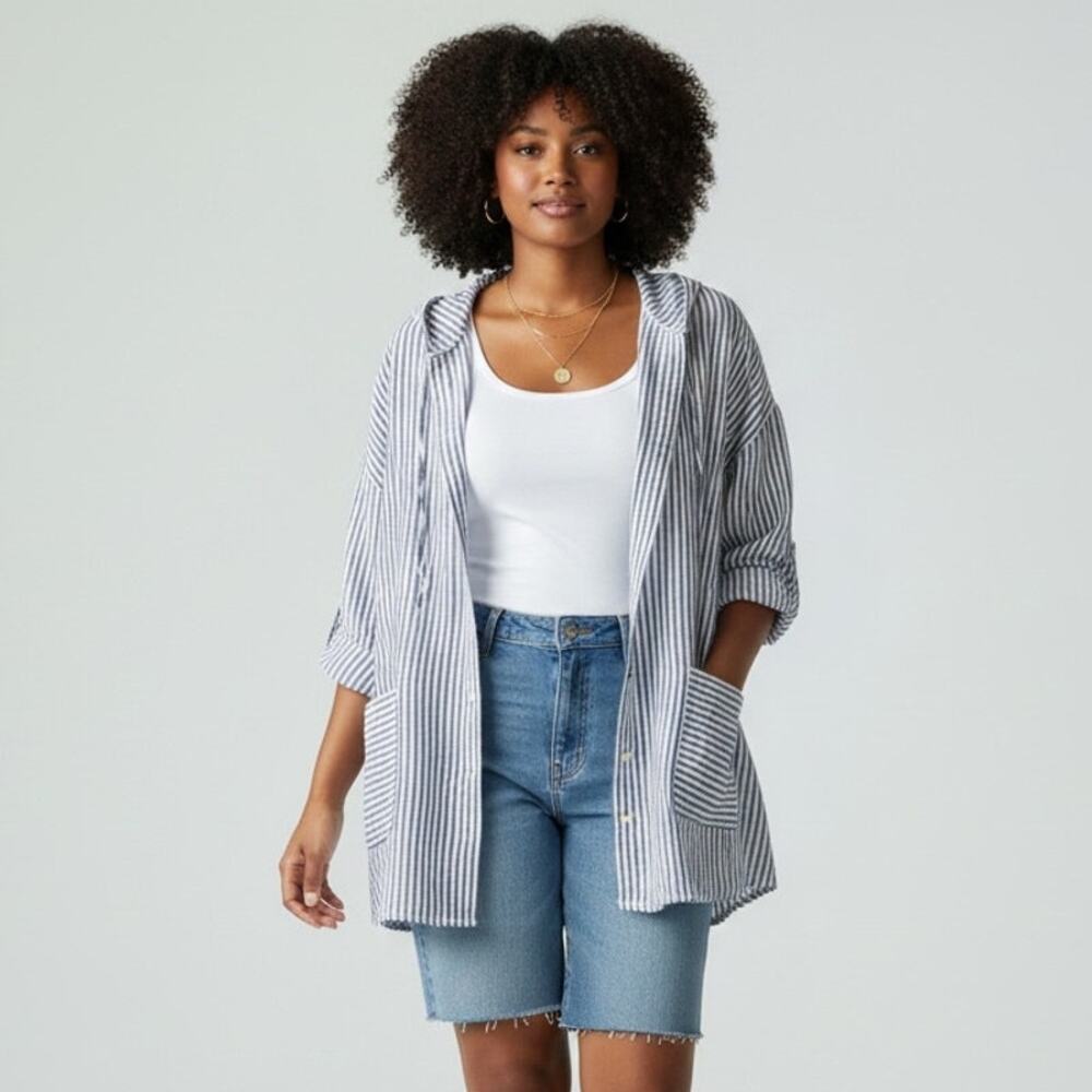Tahari 100% Linen Button Front Hooded Shacket NWT Womens Sz 3X Blue White Stripe